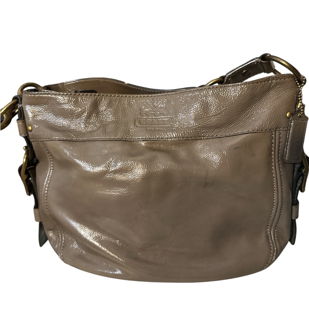 Coach Taupe gray  patent Leather Hobo Shoulder Bag  adj sides some call outs